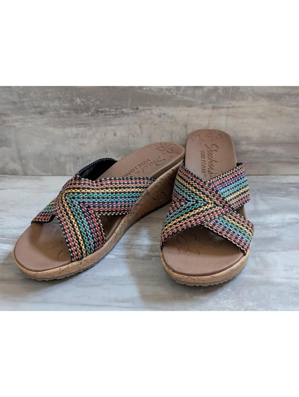 Skechers Multi-Color Wedge Sandals with Cross Strap Design Sz 7.5